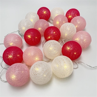 LED bomuldskugle lyskæde i rød, lyserød og hvid – 3 m, 20 lys - Ø 6 cm